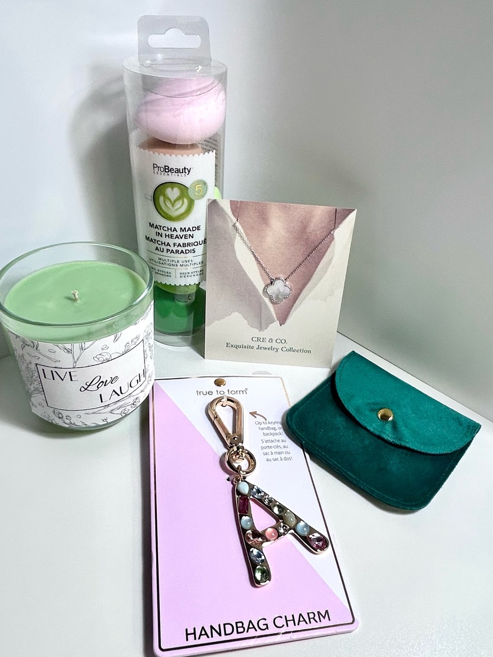 Gift Bundle - Necklace, Handbag Charm, Scented Candle. Sponges